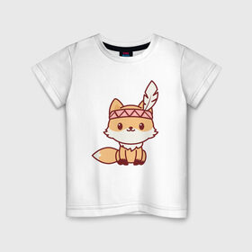 Детская футболка хлопок с принтом Лисенок индеец в Новосибирске, 100% хлопок | круглый вырез горловины, полуприлегающий силуэт, длина до линии бедер | fox | лис | лиса | лисенок | лисица | милая | пушистик | рыжая