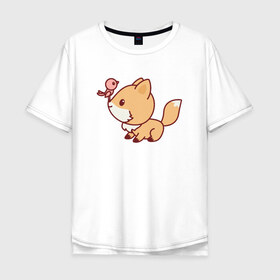 Мужская футболка хлопок Oversize с принтом Лисенок с птичкой на носу в Новосибирске, 100% хлопок | свободный крой, круглый ворот, “спинка” длиннее передней части | Тематика изображения на принте: fox | лис | лиса | лисенок | лисица | милая | пушистик | рыжая
