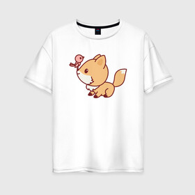 Женская футболка хлопок Oversize с принтом Лисенок с птичкой на носу в Новосибирске, 100% хлопок | свободный крой, круглый ворот, спущенный рукав, длина до линии бедер
 | fox | лис | лиса | лисенок | лисица | милая | пушистик | рыжая