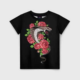 Детская футболка 3D с принтом Кобра в Новосибирске, 100% гипоаллергенный полиэфир | прямой крой, круглый вырез горловины, длина до линии бедер, чуть спущенное плечо, ткань немного тянется | amphibian | animal | cobra | fangs | poison | red | roses | scales | snake | животное | земноводное | змея | клыки | кобра | красные | розы | чешуя | яд