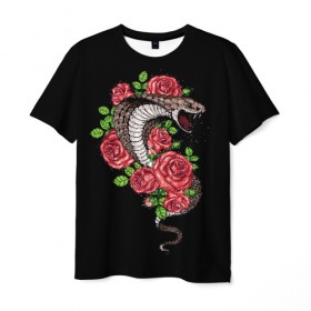Мужская футболка 3D с принтом Кобра в Новосибирске, 100% полиэфир | прямой крой, круглый вырез горловины, длина до линии бедер | amphibian | animal | cobra | fangs | poison | red | roses | scales | snake | животное | земноводное | змея | клыки | кобра | красные | розы | чешуя | яд