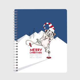 Тетрадь с принтом Merry Christmas в Новосибирске, 100% бумага | 48 листов, плотность листов — 60 г/м2, плотность картонной обложки — 250 г/м2. Листы скреплены сбоку удобной пружинной спиралью. Уголки страниц и обложки скругленные. Цвет линий — светло-серый
 | animal | cap | christmas | christmas trees | claus | green | hat | holiday | mountains | new year | rat | red | santa | skis | snow | sticks | winter | горы | елки | животное | зеленый | зима | клаус | колпак | красный | крыса | лыжи | новый год | п