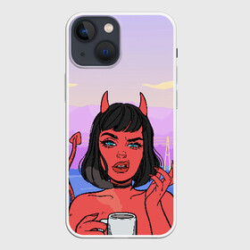 Чехол для iPhone 13 mini с принтом What в Новосибирске,  |  | coffee | demon | devil | girl | hell | девушка | демон | дьявол | кофе