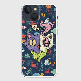 Чехол для iPhone 13 mini с принтом Завтрак в Новосибирске,  |  | cat | ears | fish | kitten | nose | skeleton | smoke | взгляд | глаза | дым | кот | котенок | кошка | нос | рыба | скелет | уши | череп