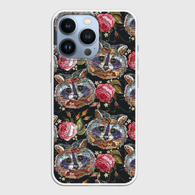 Чехол для iPhone 13 Pro с принтом Еноты в Новосибирске,  |  | animals | art | drawing | embroidery | flower | raccoons | rose | touches | wild | вышивка | дикие | еноты | животные | звери | искусство | рисунок | роза | цветок | штрихи