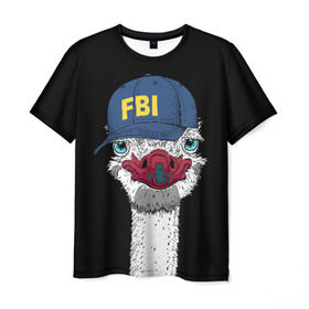 Мужская футболка 3D с принтом FBI в Новосибирске, 100% полиэфир | прямой крой, круглый вырез горловины, длина до линии бедер | beak | bird | blue | cap | fbi | funny | head | inscription | long | neck | ostrich | red | весёлый | голова | длинная | кепка | клюв | красный | надпись | птица | синяя | смешной | страус | фбр | шея