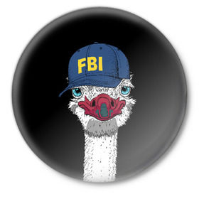Значок с принтом FBI в Новосибирске,  металл | круглая форма, металлическая застежка в виде булавки | beak | bird | blue | cap | fbi | funny | head | inscription | long | neck | ostrich | red | весёлый | голова | длинная | кепка | клюв | красный | надпись | птица | синяя | смешной | страус | фбр | шея