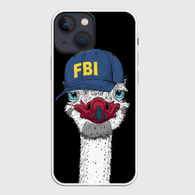 Чехол для iPhone 13 mini с принтом FBI в Новосибирске,  |  | beak | bird | blue | cap | fbi | funny | head | inscription | long | neck | ostrich | red | весёлый | голова | длинная | кепка | клюв | красный | надпись | птица | синяя | смешной | страус | фбр | шея