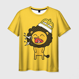 Мужская футболка 3D с принтом Лев в Новосибирске, 100% полиэфир | прямой крой, круглый вырез горловины, длина до линии бедер | Тематика изображения на принте: animal | beast | childish | crown | drawing | funny | king | lion | mane | screaming | yellow | грива | детский | желтый | животное | зверь | корона | кричит | лев | рисунок | смешной | царь