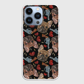 Чехол для iPhone 13 Pro с принтом Бульдоги в Новосибирске,  |  | animal | breed | bulldogs | cartridges | dash | dogs | drawing | embroidery | french | graphic | hearts | muzzle | weapons | бульдоги | вышивка | графический | животное | оружие | патроны | пистолеты | порода | рисунок | сердца | собаки | французс