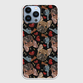 Чехол для iPhone 13 Pro Max с принтом Бульдоги в Новосибирске,  |  | animal | breed | bulldogs | cartridges | dash | dogs | drawing | embroidery | french | graphic | hearts | muzzle | weapons | бульдоги | вышивка | графический | животное | оружие | патроны | пистолеты | порода | рисунок | сердца | собаки | французс