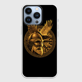 Чехол для iPhone 13 Pro с принтом Один в Новосибирске,  |  | beard | celtic | emblem | face | golden | helmet | myth | one | ornament | raven | runes | sword | viking | warrior | борода | викинг | воин | ворон | золотой | кельтский | лицо | меч | миф | один | орнамент | руны | шлем | эмблема