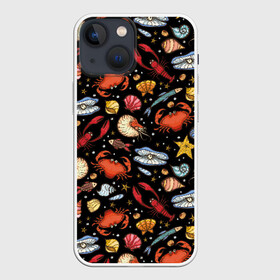 Чехол для iPhone 13 mini с принтом Морские обитатели в Новосибирске,  |  | children | crabs | crayfish | drawing | fish | funny | inhabitants | ocean | pearls | sea | shellfish | shells | shrimps | весёлый | детский | жемчуг | крабы | креветки | моллюски | море | морские | обитатели | океан | раки | ракушки | рисунок | рыбы