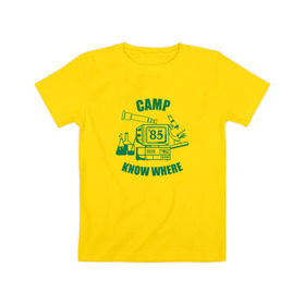 Детская футболка хлопок с принтом CAMP KNOW WHERE в Новосибирске, 100% хлопок | круглый вырез горловины, полуприлегающий силуэт, длина до линии бедер | 80 е | 85 | camp know where | camp nowhere | dustin | netflix | stranger things | дастин | кепка дастина | нетфликс | очень странные дела