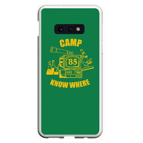 Чехол для Samsung S10E с принтом CAMP KNOW WHERE в Новосибирске, Силикон | Область печати: задняя сторона чехла, без боковых панелей | Тематика изображения на принте: 80 е | 85 | camp know where | camp nowhere | dustin | netflix | stranger things | дастин | кепка дастина | нетфликс | очень странные дела