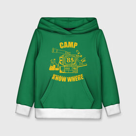 Детская толстовка 3D с принтом CAMP KNOW WHERE в Новосибирске, 100% полиэстер | двухслойный капюшон со шнурком для регулировки, мягкие манжеты на рукавах и по низу толстовки, спереди карман-кенгуру с мягким внутренним слоем | 80 е | 85 | camp know where | camp nowhere | dustin | netflix | stranger things | дастин | кепка дастина | нетфликс | очень странные дела