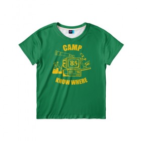 Детская футболка 3D с принтом CAMP KNOW WHERE в Новосибирске, 100% гипоаллергенный полиэфир | прямой крой, круглый вырез горловины, длина до линии бедер, чуть спущенное плечо, ткань немного тянется | 80 е | 85 | camp know where | camp nowhere | dustin | netflix | stranger things | дастин | кепка дастина | нетфликс | очень странные дела