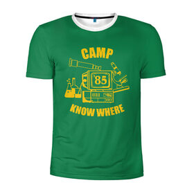 Мужская футболка 3D спортивная с принтом CAMP KNOW WHERE в Новосибирске, 100% полиэстер с улучшенными характеристиками | приталенный силуэт, круглая горловина, широкие плечи, сужается к линии бедра | 80 е | 85 | camp know where | camp nowhere | dustin | netflix | stranger things | дастин | кепка дастина | нетфликс | очень странные дела