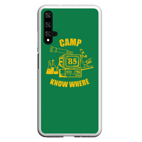 Чехол для Honor 20 с принтом CAMP KNOW WHERE в Новосибирске, Силикон | Область печати: задняя сторона чехла, без боковых панелей | Тематика изображения на принте: 80 е | 85 | camp know where | camp nowhere | dustin | netflix | stranger things | дастин | кепка дастина | нетфликс | очень странные дела