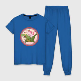 Женская пижама хлопок с принтом Вперёд к мечте! в Новосибирске, 100% хлопок | брюки и футболка прямого кроя, без карманов, на брюках мягкая резинка на поясе и по низу штанин | bird born | арт | единорог | животные | иллюстрация | ирония | комиксы | мечта | милота | мотивация | тирекс | юмор