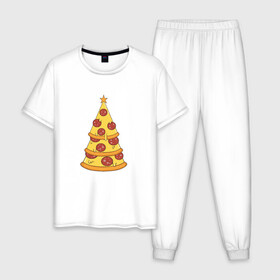 Мужская пижама хлопок с принтом Пиццеёлка в Новосибирске, 100% хлопок | брюки и футболка прямого кроя, без карманов, на брюках мягкая резинка на поясе и по низу штанин
 | bird born | арт | веселье | еда | ёлка | иллюстратор | иллюстрация | новый год | пепперони | пицца | радость | рисунок | юмор