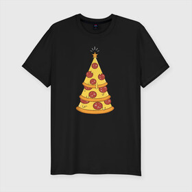 Мужская футболка премиум с принтом Пиццеёлка в Новосибирске, 92% хлопок, 8% лайкра | приталенный силуэт, круглый вырез ворота, длина до линии бедра, короткий рукав | bird born | арт | веселье | еда | ёлка | иллюстратор | иллюстрация | новый год | пепперони | пицца | радость | рисунок | юмор