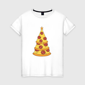 Женская футболка хлопок с принтом Пиццеёлка в Новосибирске, 100% хлопок | прямой крой, круглый вырез горловины, длина до линии бедер, слегка спущенное плечо | bird born | арт | веселье | еда | ёлка | иллюстратор | иллюстрация | новый год | пепперони | пицца | радость | рисунок | юмор