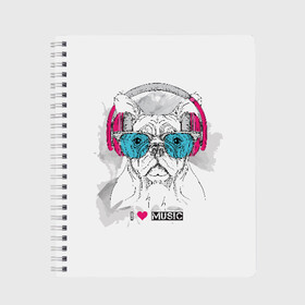 Тетрадь с принтом I love music в Новосибирске, 100% бумага | 48 листов, плотность листов — 60 г/м2, плотность картонной обложки — 250 г/м2. Листы скреплены сбоку удобной пружинной спиралью. Уголки страниц и обложки скругленные. Цвет линий — светло-серый
 | animal | breed | bulldog | dog | emerald | graphic drawing | headphones | heart | i love music | music | music lover | pink | the inscription | бульдог | графический рисунок | животное | изумрудные | меломан | музыка | надпись | наушники | очки 
