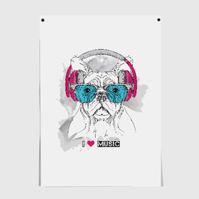 Постер с принтом I love music в Новосибирске, 100% бумага
 | бумага, плотность 150 мг. Матовая, но за счет высокого коэффициента гладкости имеет небольшой блеск и дает на свету блики, но в отличии от глянцевой бумаги не покрыта лаком | animal | breed | bulldog | dog | emerald | graphic drawing | headphones | heart | i love music | music | music lover | pink | the inscription | бульдог | графический рисунок | животное | изумрудные | меломан | музыка | надпись | наушники | очки 