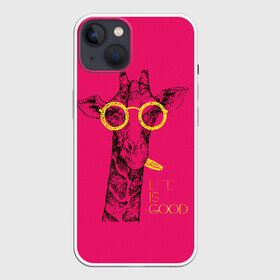 Чехол для iPhone 13 с принтом Life is good в Новосибирске,  |  | african | animal | giraffe | inscription | life is good | look | pink | pop art | tongue | yellow | африканское | взгляд | желтый | животное | жизнь хороша | жираф | надпись | очки | поп   арт | розовый | язык