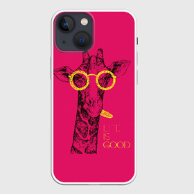 Чехол для iPhone 13 mini с принтом Life is good в Новосибирске,  |  | african | animal | giraffe | inscription | life is good | look | pink | pop art | tongue | yellow | африканское | взгляд | желтый | животное | жизнь хороша | жираф | надпись | очки | поп   арт | розовый | язык