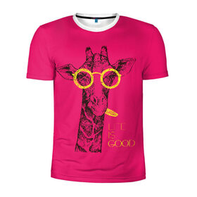 Мужская футболка 3D спортивная с принтом Life is good в Новосибирске, 100% полиэстер с улучшенными характеристиками | приталенный силуэт, круглая горловина, широкие плечи, сужается к линии бедра | Тематика изображения на принте: african | animal | giraffe | inscription | life is good | look | pink | pop art | tongue | yellow | африканское | взгляд | желтый | животное | жизнь хороша | жираф | надпись | очки | поп   арт | розовый | язык