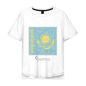 Мужская футболка хлопок Oversize с принтом QR-Kazakhstan в Новосибирске, 100% хлопок | свободный крой, круглый ворот, “спинка” длиннее передней части | Тематика изображения на принте: cxstyle | qr | казахстан | код | символ | страна | флаг
