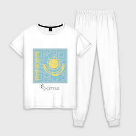 Женская пижама хлопок с принтом QR-Kazakhstan в Новосибирске, 100% хлопок | брюки и футболка прямого кроя, без карманов, на брюках мягкая резинка на поясе и по низу штанин | cxstyle | qr | казахстан | код | символ | страна | флаг