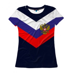 Женская футболка 3D с принтом RUSSIA SPORT (РЕДАЧ) в Новосибирске, 100% полиэфир ( синтетическое хлопкоподобное полотно) | прямой крой, круглый вырез горловины, длина до линии бедер | russia | герб рф | орёл | россия | рф