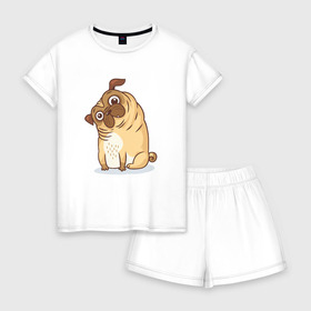 Женская пижама с шортиками хлопок с принтом Удивленный мопс в Новосибирске, 100% хлопок | футболка прямого кроя, шорты свободные с широкой мягкой резинкой | Тематика изображения на принте: dog | pug | мопс | пес | псина | собака | собачка | удивление