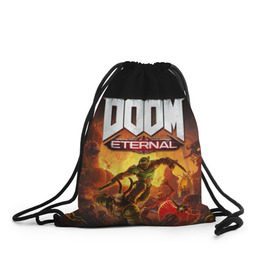 Рюкзак-мешок 3D с принтом DOOM Eternal в Новосибирске, 100% полиэстер | плотность ткани — 200 г/м2, размер — 35 х 45 см; лямки — толстые шнурки, застежка на шнуровке, без карманов и подкладки | Тематика изображения на принте: 2019 | bethesda | demon | doom | eternal | ethernal | game | games | logo | monster | runes | демон | дум | дуум | етернал | игра | игры | какодемон | кровь | лого | логотип | монстр | монстры | руны | символ | этернал