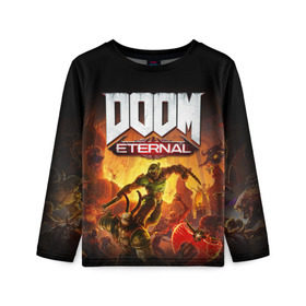 Детский лонгслив 3D с принтом DOOM Eternal в Новосибирске, 100% полиэстер | длинные рукава, круглый вырез горловины, полуприлегающий силуэт
 | 2019 | bethesda | demon | doom | eternal | ethernal | game | games | logo | monster | runes | демон | дум | дуум | етернал | игра | игры | какодемон | кровь | лого | логотип | монстр | монстры | руны | символ | этернал