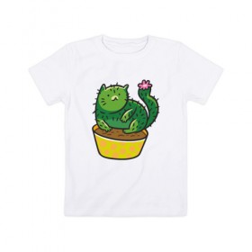 Детская футболка хлопок с принтом Кот-кактус в Новосибирске, 100% хлопок | круглый вырез горловины, полуприлегающий силуэт, длина до линии бедер | cat | горшок | иголки | кактус | кот кактус | котик | кошка | растение | цветок