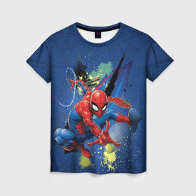 Женская футболка 3D с принтом Spider-man with a spiderweb в Новосибирске, 100% полиэфир ( синтетическое хлопкоподобное полотно) | прямой крой, круглый вырез горловины, длина до линии бедер | Тематика изображения на принте: avengers | comics | marvel | peter parker | spider man | stan lee | super her | web shooter | комикс | марвел | марвэл | мстители | паутина | паучок | питер паркер | спайди | стэн ли | человек паук