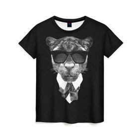 Женская футболка 3D с принтом Пантера в очках в Новосибирске, 100% полиэфир ( синтетическое хлопкоподобное полотно) | прямой крой, круглый вырез горловины, длина до линии бедер | animal | panther | predator | животное | очки | пантера | хищник