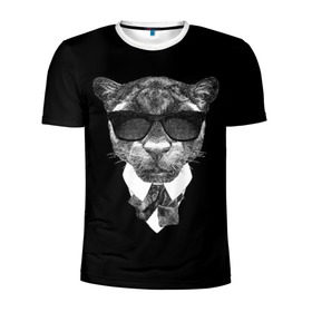 Мужская футболка 3D спортивная с принтом Пантера в очках в Новосибирске, 100% полиэстер с улучшенными характеристиками | приталенный силуэт, круглая горловина, широкие плечи, сужается к линии бедра | animal | panther | predator | животное | очки | пантера | хищник