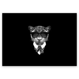 Поздравительная открытка с принтом Пантера в очках в Новосибирске, 100% бумага | плотность бумаги 280 г/м2, матовая, на обратной стороне линовка и место для марки
 | Тематика изображения на принте: animal | panther | predator | животное | очки | пантера | хищник