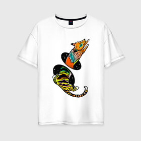 Женская футболка хлопок Oversize с принтом Лиса и тигр - телепорт в Новосибирске, 100% хлопок | свободный крой, круглый ворот, спущенный рукав, длина до линии бедер
 | fox | foxy | звезды | космос | лиса | лиса в космосе | лисичка | полосатый | прыжок | рыжая | телепорт | тигр