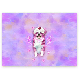 Поздравительная открытка с принтом Ангелок корги в Новосибирске, 100% бумага | плотность бумаги 280 г/м2, матовая, на обратной стороне линовка и место для марки
 | dog | ангел | ангелок | еда | корги | мороженое | пес | пироженко | пирожное | сердечки | собака | собачка