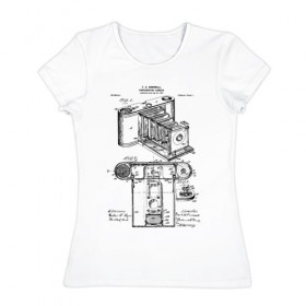 Женская футболка хлопок с принтом Photographic Camera Patent в Новосибирске, 100% хлопок | прямой крой, круглый вырез горловины, длина до линии бедер, слегка спущенное плечо | patent | идея | история | камера | патент | разработка | фотик | фотоаппарат | фотограф | чертеж | чертежи