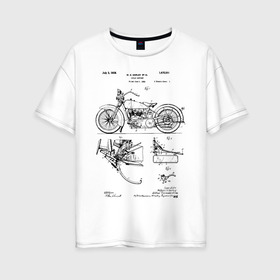 Женская футболка хлопок Oversize с принтом Patent Harley в Новосибирске, 100% хлопок | свободный крой, круглый ворот, спущенный рукав, длина до линии бедер
 | harley | patent | байк | байкер | идея | история | механика | мото | мотоцикл | патент | разработка | харлей | чертеж | чертежи