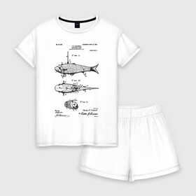 Женская пижама с шортиками хлопок с принтом Patent - Artificial bait в Новосибирске, 100% хлопок | футболка прямого кроя, шорты свободные с широкой мягкой резинкой | patent | воблер | идея | история | крючок | патент | приманка | разработка | рыбак | рыбалка | туризм | удочка | чертеж | чертежи