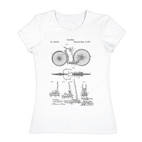 Женская футболка хлопок с принтом Patent - Velocipede в Новосибирске, 100% хлопок | прямой крой, круглый вырез горловины, длина до линии бедер, слегка спущенное плечо | patent | велик | велосипед | идея | история | патент | разработка | спорт | туризм | чертеж | чертежи