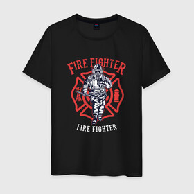 Мужская футболка хлопок с принтом Fire fighter в Новосибирске, 100% хлопок | прямой крой, круглый вырез горловины, длина до линии бедер, слегка спущенное плечо. | Тематика изображения на принте: мчс | огнеборец | пожар | пожарный
